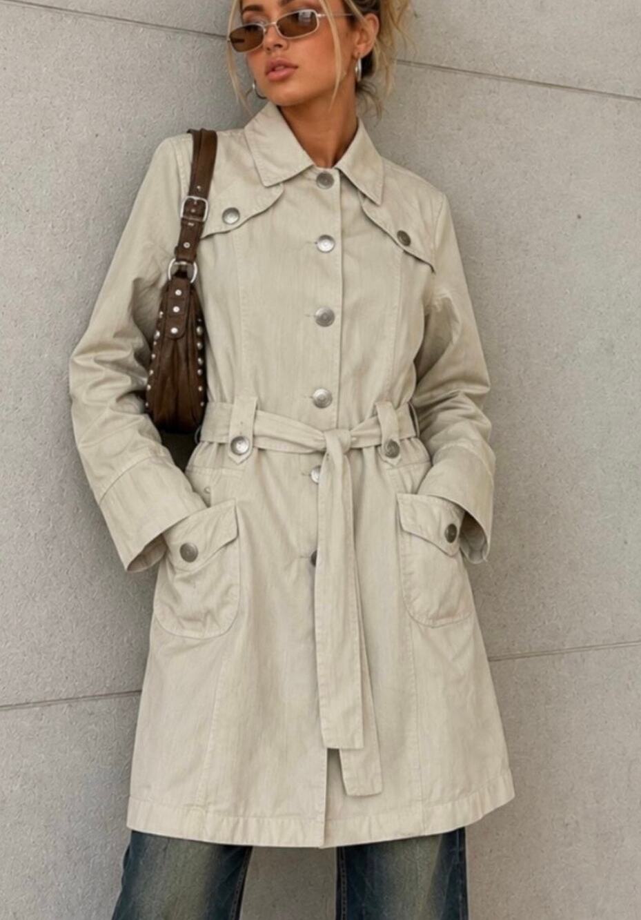 Vintage Renonce Jean Cream Belted Trench Coat Y2K Utility fall Jacket retro S